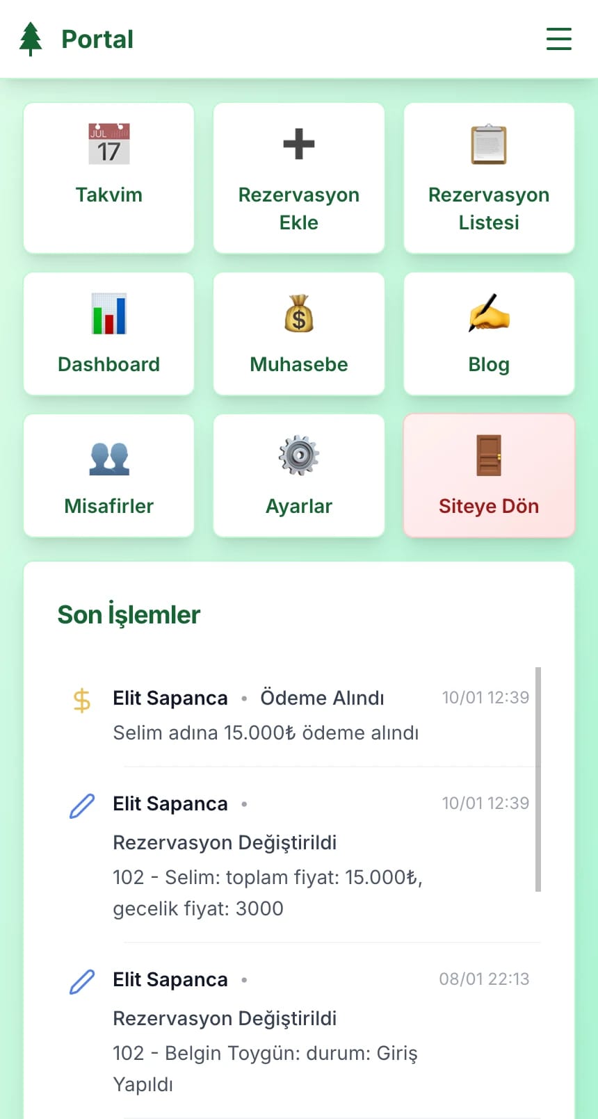 Bungalowcu Yönetim Paneli - Ana sayfa ve hızlı erişim menüsü
