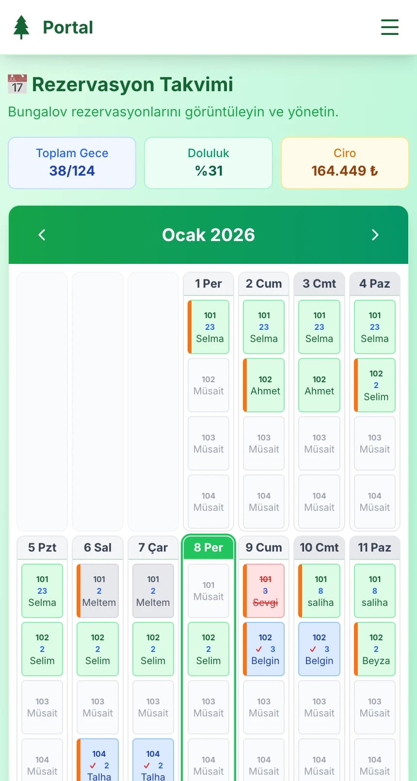 Bungalowcu Rezervasyon Takvimi - Doluluk takibi